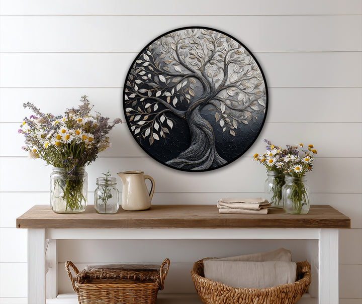 Displaying abstract quality, the 'Eternal Contrast – Dual Tone Tree of Life Round Oil Painting' is a stunning example of oil painting home decor, bringing a touch of nature inside.