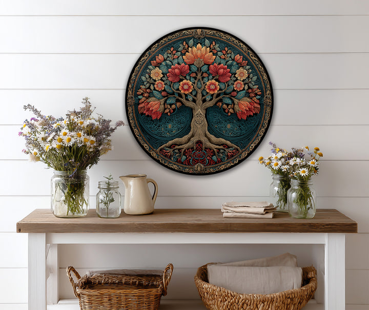 The ornate bloom tree in the round wooden oil painting art piece, rich with floral details and vibrant colors, is the loudest element in this decorative wall art.
