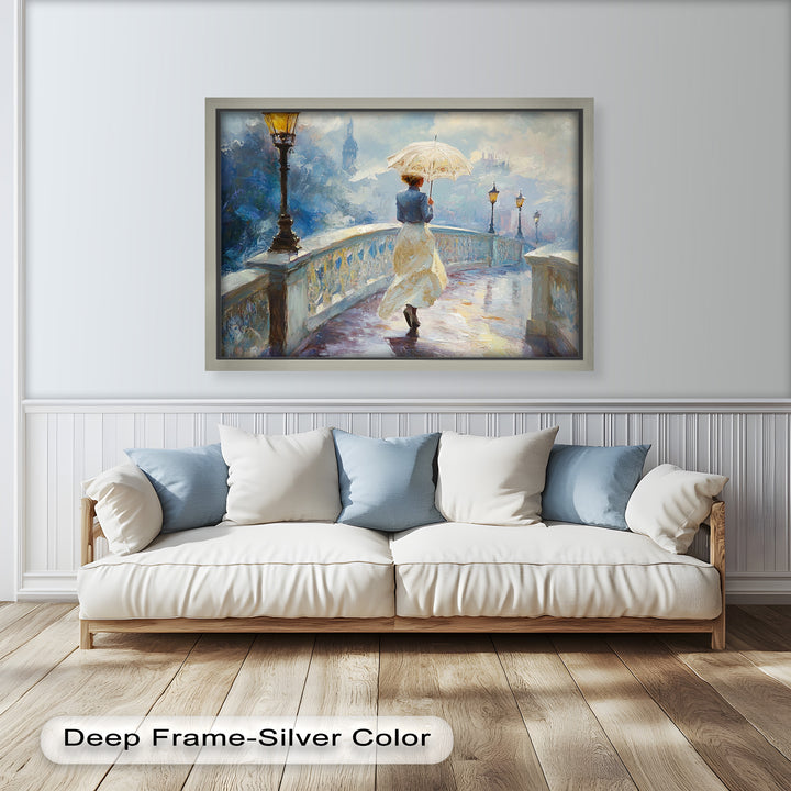 Woman with Umbrella on Cobblestone Bridge – Oil Painting