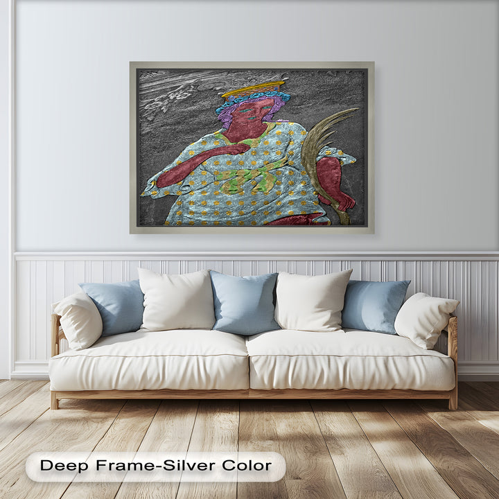 Geheiligte Blüte – Polychromes Engelrelief-Ölgemälde