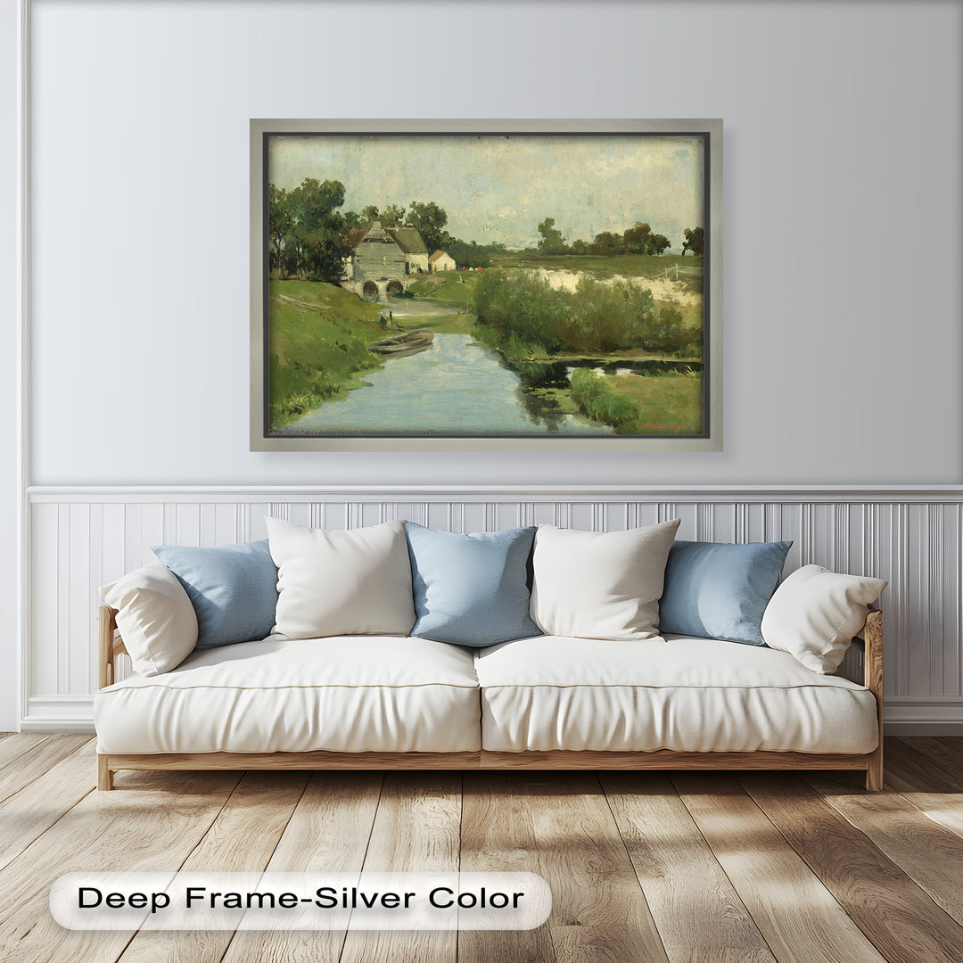 A tranquil countryside painting depicting a rustic watermill by a gently flowing river, surrounded by lush greenery and peaceful rural scenery.
