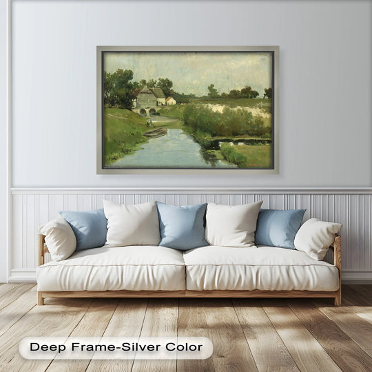 Abstract composition with a framed Summer Day oil painting wall art showcasing serene landscape textures and subtle hues offering a modern art impression.