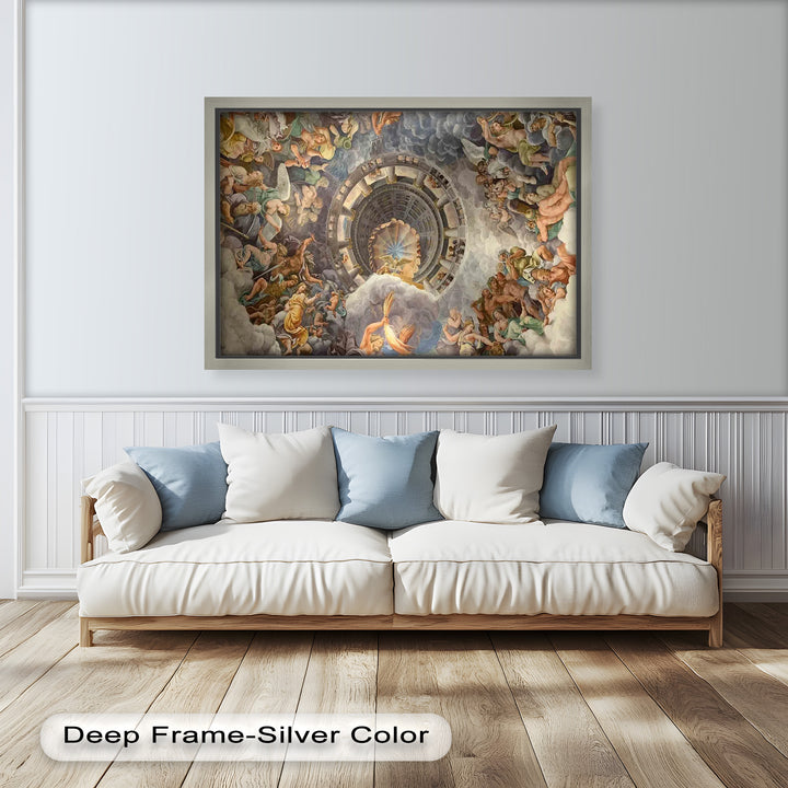 Masterfully detailed circular fresco with classical gods, cherubs, and dynamic clouds arranged around a painted illusion of a sky-lit dome.