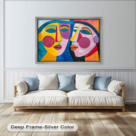 Visual rhythm flows through this Picasso-style oil painting wall art of two colorful faces, a dual portrait where abstract shapes and bold hues create a dynamic, unified gaze.