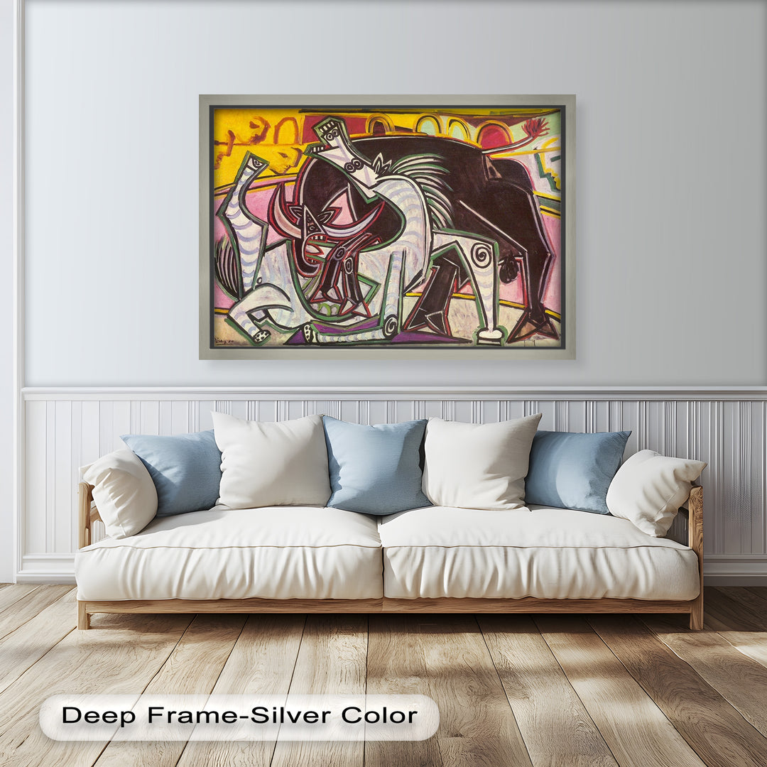 An abstract rendering of a bullfight arena with twisted figures, explosive gestures, and symbolic intensity.
