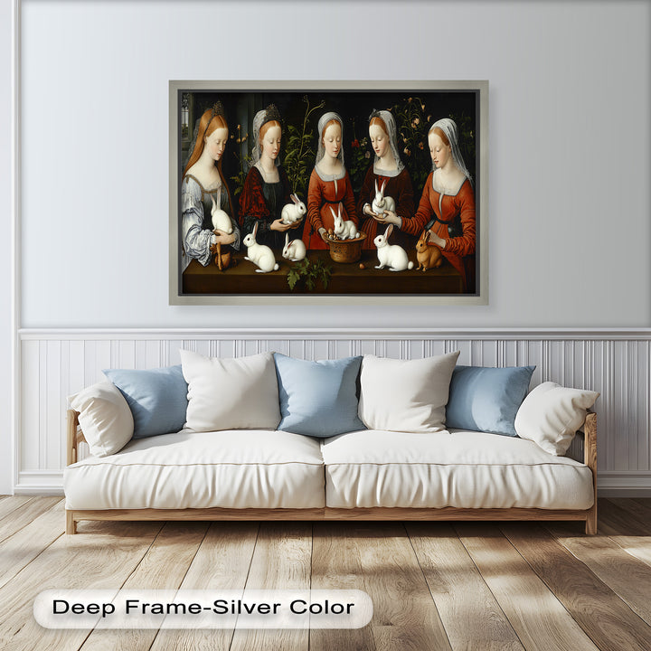 Maiden Garden Gathering – Renaissance Rabbit Portrait Oil Painting