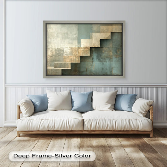 Deep frame highlights the geometric steps in this blue and beige modern oil painting reproduction print, accentuating its edges and borders.