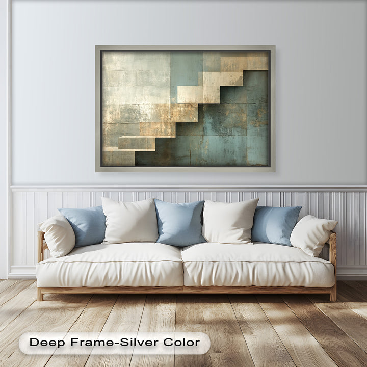 Modern abstract painting with geometric steps and weathered gold textures.
