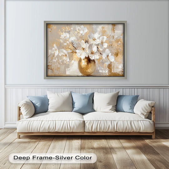 Dramatic color contrast highlights the golden vase and white blossoms in this neutral floral oil painting decoration, set against a textured background.