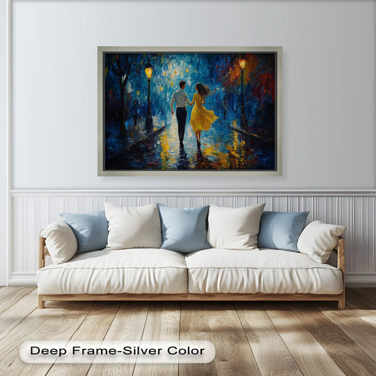 Highlighting the focal point, this romantic couple is beautifully depicted in this oil painting home decor as they dance into the night under luminous city lights.