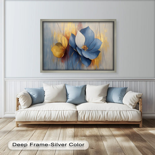 Bold color contrast defines this blue magnolia floral oil painting artwork, blending serene blue and white petals with touches of gold, all framed in silver.