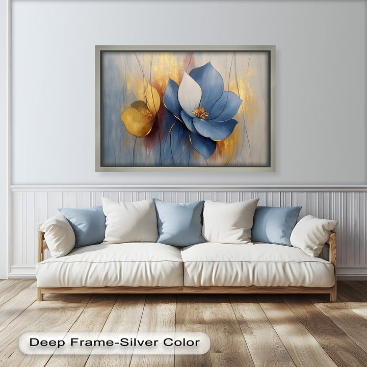Elegant floral painting with sapphire blue petals and golden highlights.
