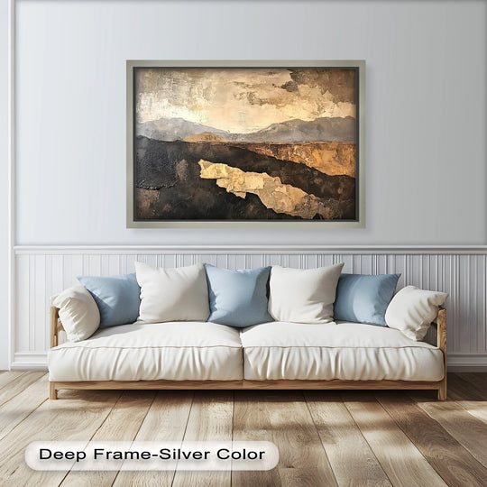 Subtle light and shadow play across the textured depth of this abstract earthy horizon oil painting decoration, enhancing its natural tones and rustic beauty.