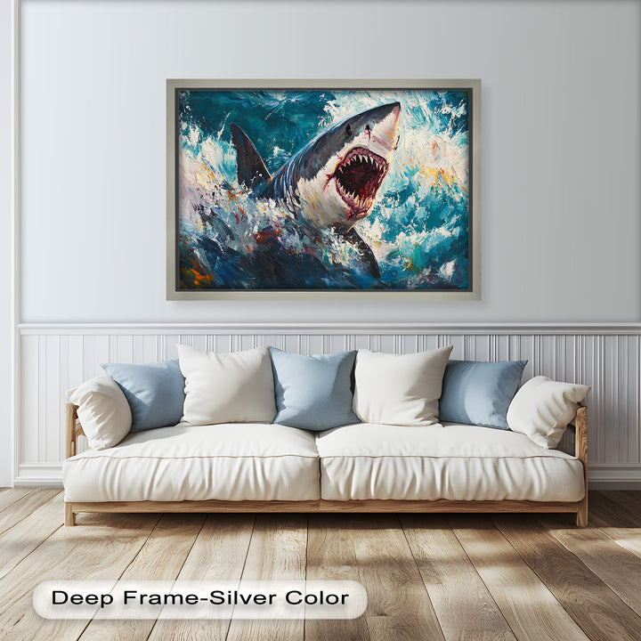 Ferocious Shark Emerging from Turbulent Waters – Animal Oil Painting