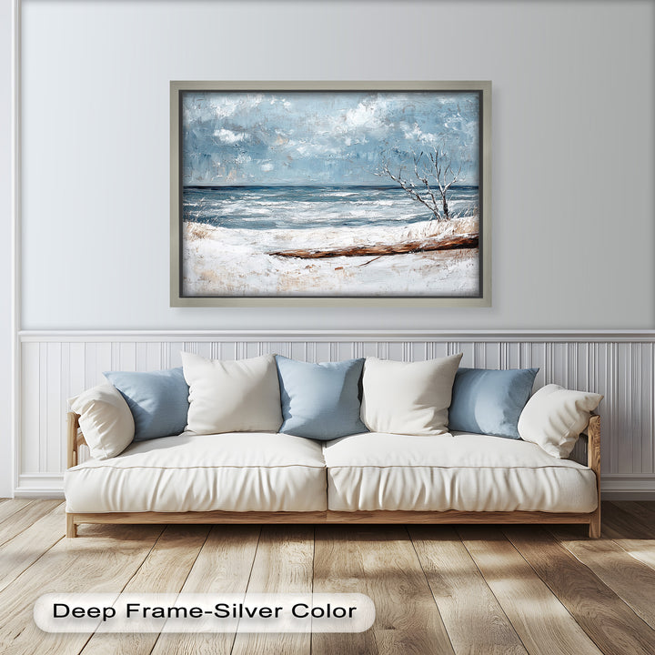 Ideal for winter-themed or rustic decor, this painting offers a unique take on seascapes by showcasing the ocean’s calm in the heart of winter.