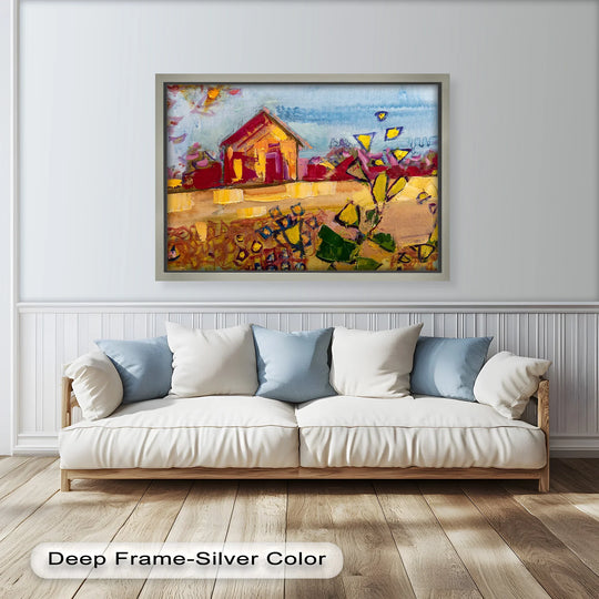 Transition between warm yellows and vibrant reds defines this sunlit homestead oil painting wall art, showcasing expressive impressionist brushstrokes.
