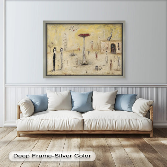 Square-shaped, the striking oil painting art piece, 'Whispers of the Playground,' captivates with its dreamlike surrealist depiction in a horizontal orientation.
