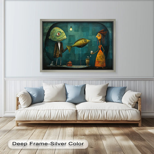 Visible in the background, the teal, patterned backdrop enhances the whimsical nature of 'The Offering—Surreal Tea Exchange Picasso' oil painting decoration.