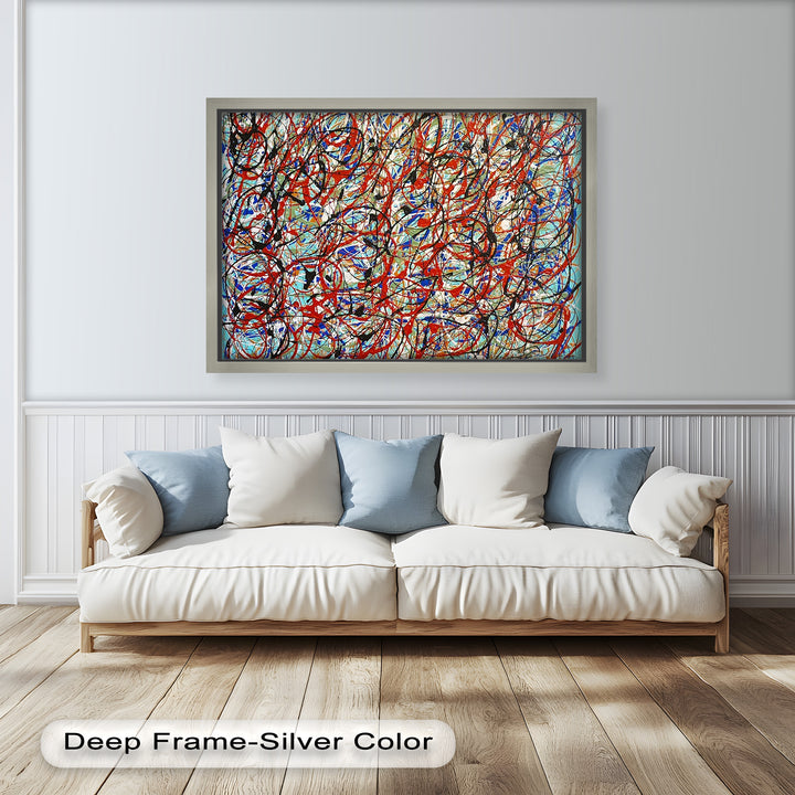 An expressive abstract artwork created with layers of spontaneous brushstrokes and vibrant colors, capturing energy and motion.