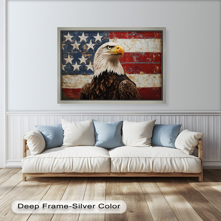 Adler mit amerikanischer Flagge – Patriotisches Ölgemälde