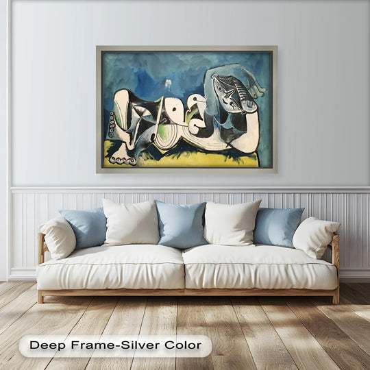 Dominant blues and whites define this modern oil painting art featuring a reclining nude in Picasso's abstract style, a visually striking piece.