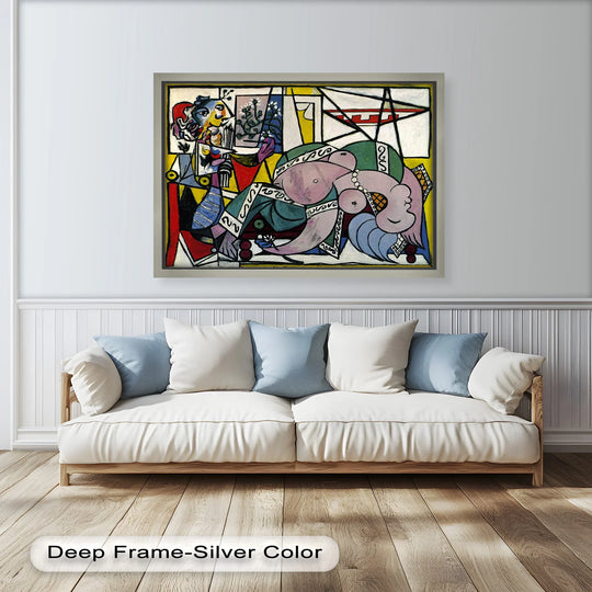 Transitioning hues define the abstract forms in this vibrant oil painting art prints depiction of 'Reclining Muse,' a Cubist expression with bold lines and sensual forms.