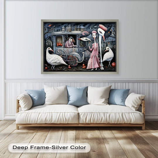 Gentle light defines the cushions on the sofa beneath the 'Crimson Couriers' surreal carriage scene, an expressive oil painting artwork.