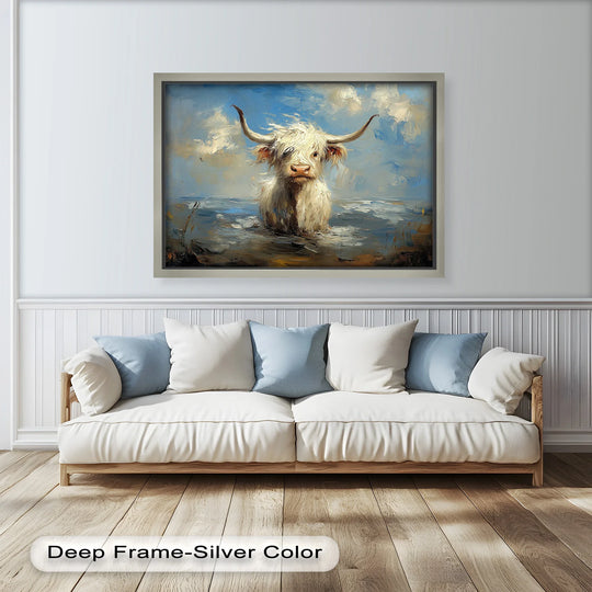 Visual rhythm is achieved in this modern oil painting art piece through brushstrokes capturing the Highland cow's shaggy coat and the ebb and flow of coastal waters.