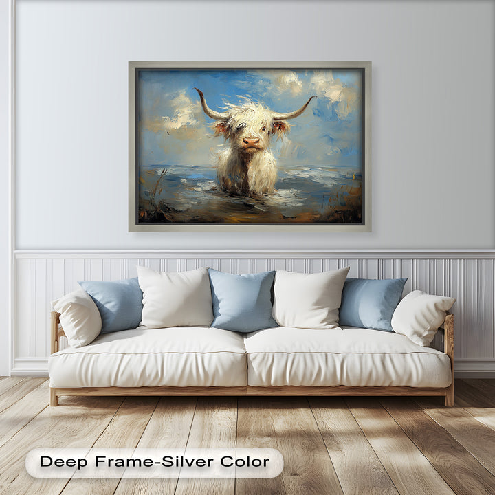Highland Cow in Coastal Waters – Animal Oil Painting