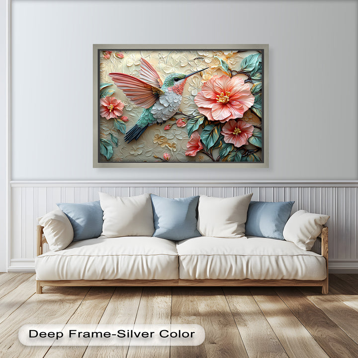 Spring Hummingbird with Pink Flowers – Framed Oil Painting