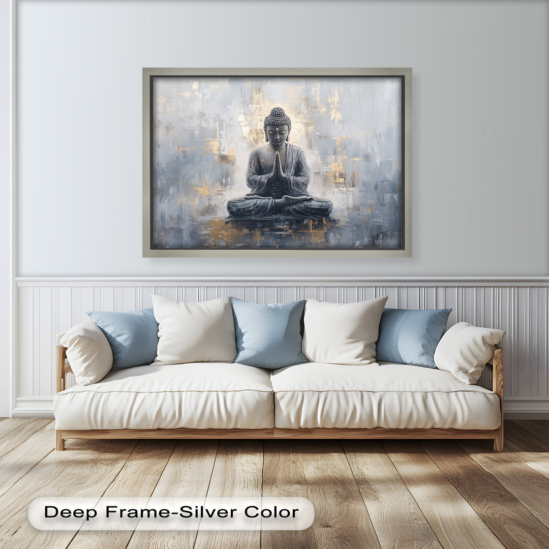 A minimalist depiction of Buddha in deep meditation, blending calm grey hues with hints of luminous gold accents.