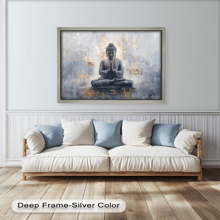 A minimalist depiction of Buddha in deep meditation, blending calm grey hues with hints of luminous gold accents.
