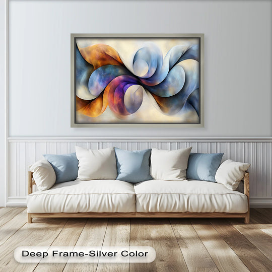 Visual rhythm in the abstract swirl oil painting decoration is achieved through the elegant, flowing intermingling of blue, purple, and gold tones.