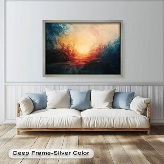Glowing fiery light burst in the Eclipse Awakening abstract oil painting artwork stands out as the loudest element in this textural statement piece.