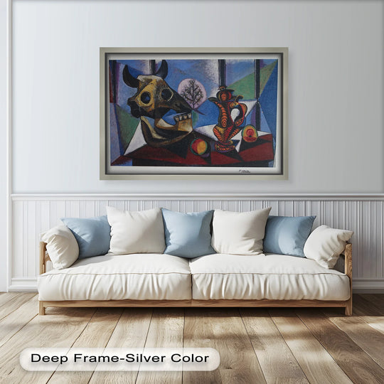 The abstract quality of this symbolist Cubist oil painting art piece captures the essence of a Picasso-style still life featuring a bull skull, fruit, and jug, with dramatic composition.