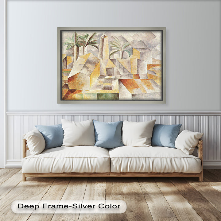 A fragmented scene of blocky rooftops, towers, and tropical foliage rendered in cubist style with gentle tonal shifts.