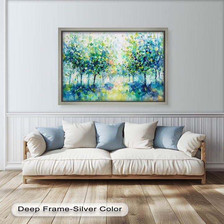Blue & Green Forest Landscape – Abstract Nature Oil Painting