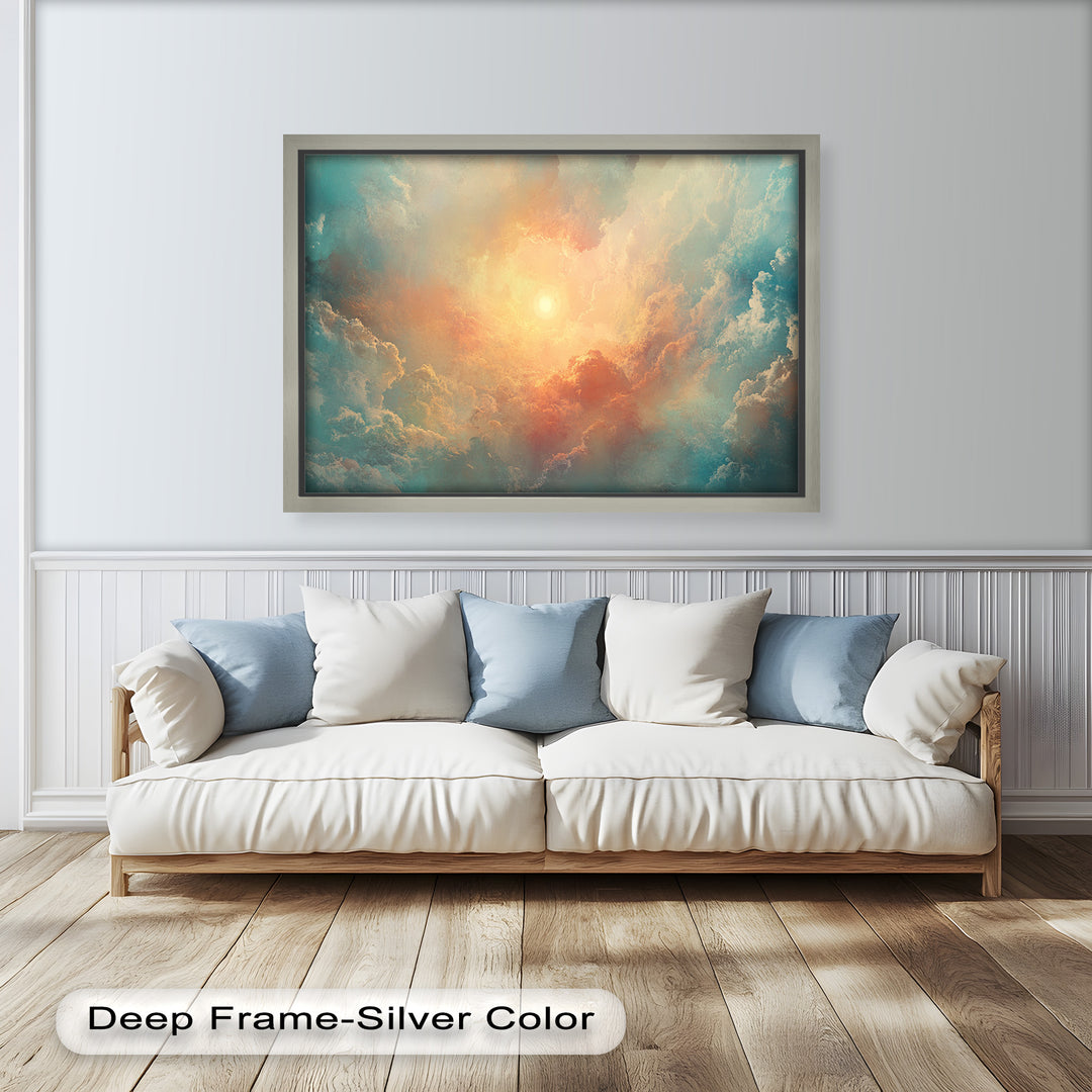 Heavenly sky scene with swirling clouds and warm light infusion.
