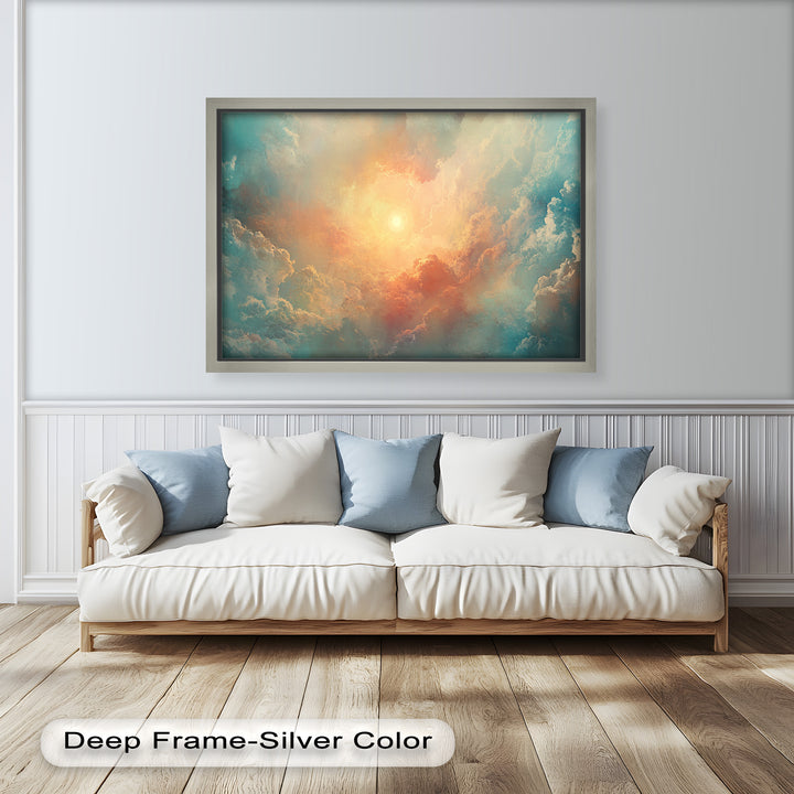 Heavenly sky scene with swirling clouds and warm light infusion.
