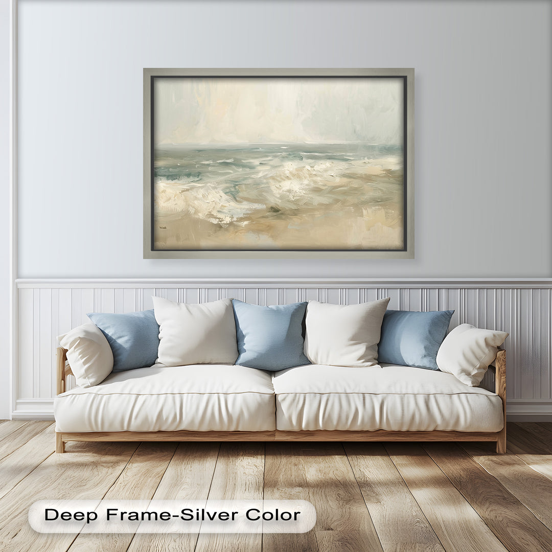Modern Earthy Green Abstract Landscape – Coastal Serenity Oil Painting