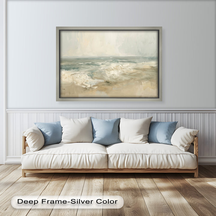 Modern Earthy Green Abstract Landscape – Coastal Serenity Oil Painting