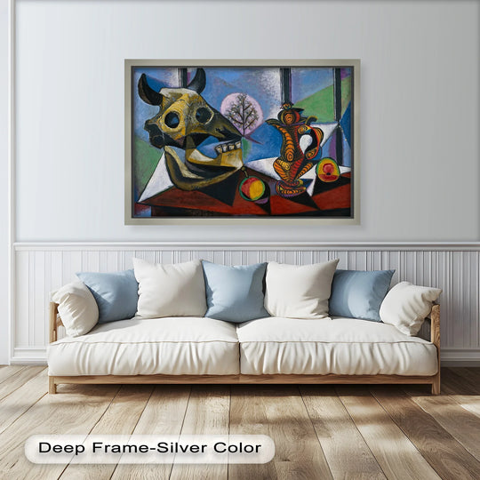 Bold color contrast defines this still life with skull and pitcher, a symbolic cubist Picasso oil painting bringing vibrant, modern flair to oil painting home decor.