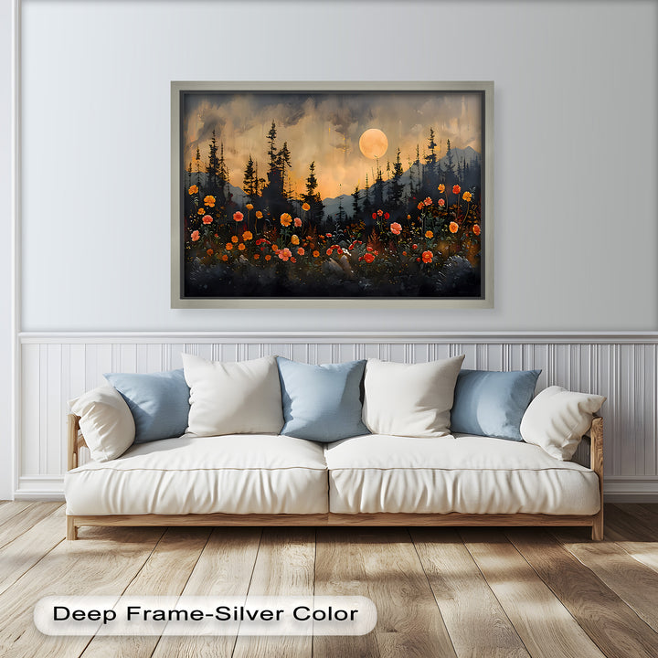 The dreamy sky and glowing moonlight add a magical atmosphere, making this piece perfect for cozy or nature-inspired interiors.
