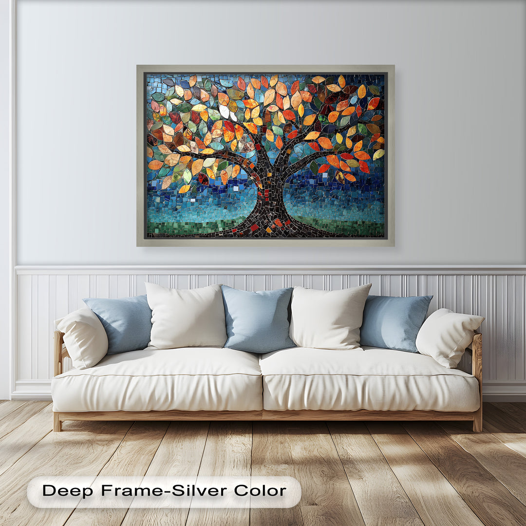 Colorful autumn tree mosaic with textured glass tile leaves.
