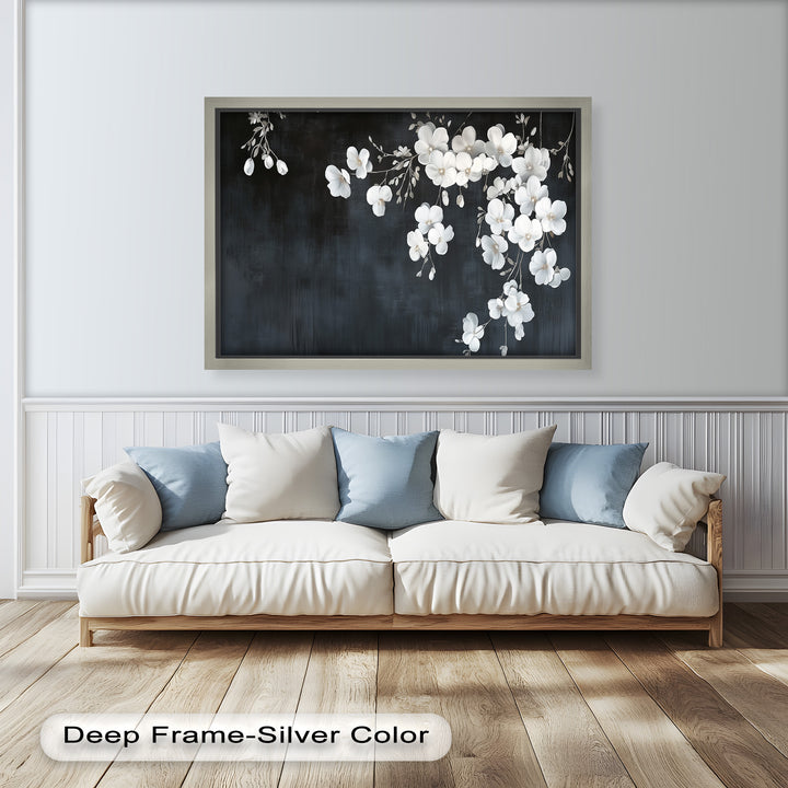 White Cherry Flowers on Midnight Blue - Flower Oil Painting
