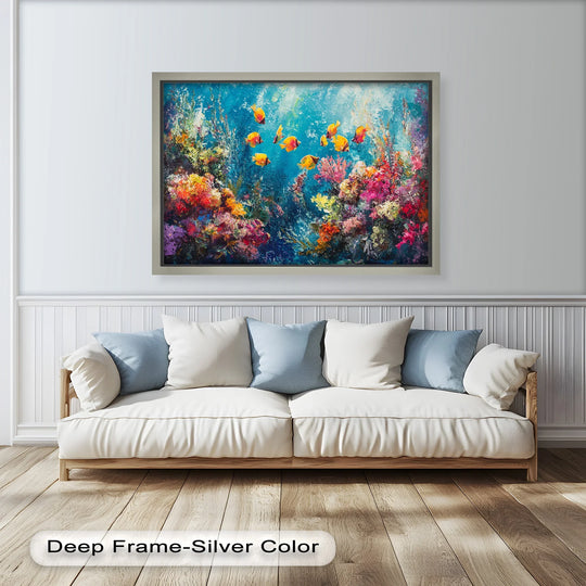 The deep frame border of this oil painting art prints enhances the colorful 'Golden Fish Among Coral Blooms' oil painting, adding a layer of sophistication and visual depth.