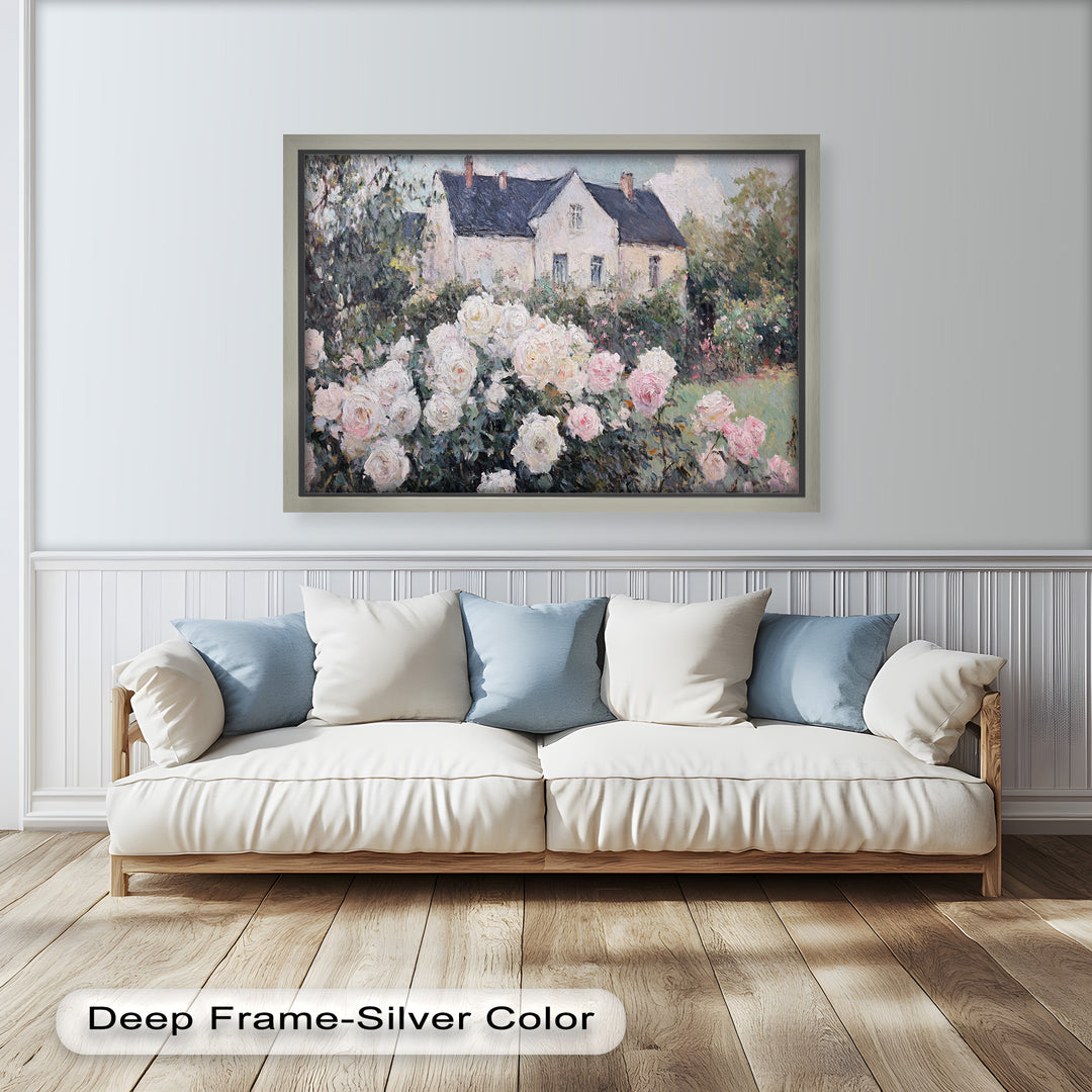Cottage Garden Roses – Impressionist Floral House Scene Oil Painting