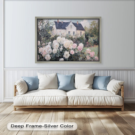 Deep frame highlights the modern oil painting art of a cottage garden roses scene, with a silver border enhancing its impressionist floral beauty.