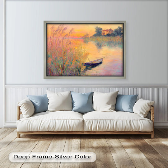Impressionist oil painting wall art features a serene rowboat nestled among golden reeds, bathed in the warm hues of a pastel sunset over a tranquil lake.