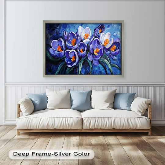 Silver finish accentuates the vibrant colors in this crocus flowers in blue and violet hues oil painting artwork, creating a striking contrast against the artwork.